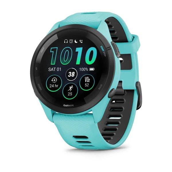 Смарт-годинник Garmin Forerunner 265 з чорним безелем, корпусом кольору аква та аква-чорним силіконовим ремінцем, фото 1