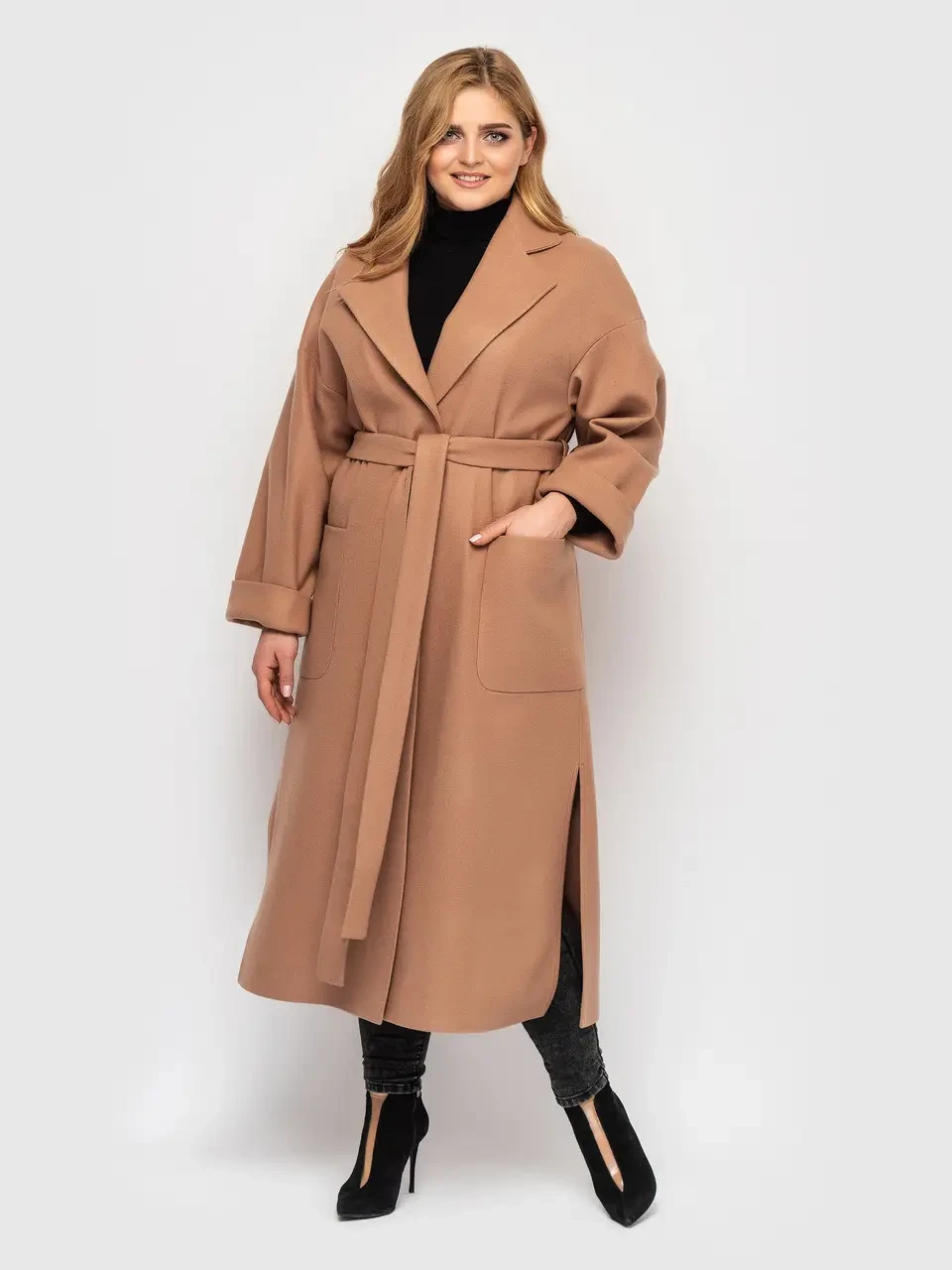 Чарівне жіноче довге пальто пісочного кольору з кашеміру, великі розміри від 48 до 58