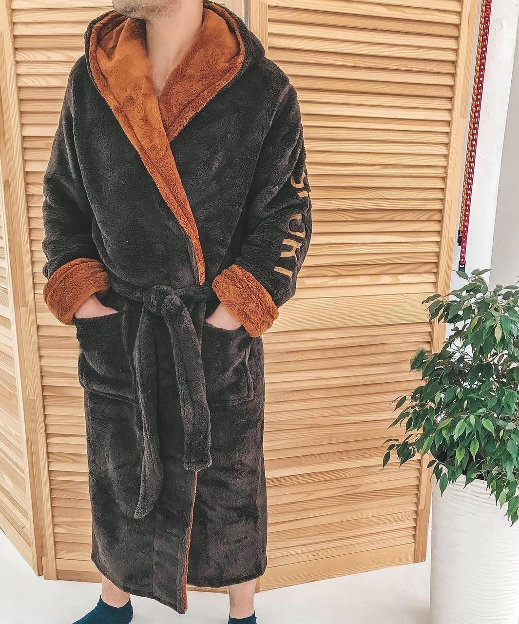 Домашній теплий чоловічий халат з надписом Sport , у кольорі Шоколад/Бронза , розмір 42-64
