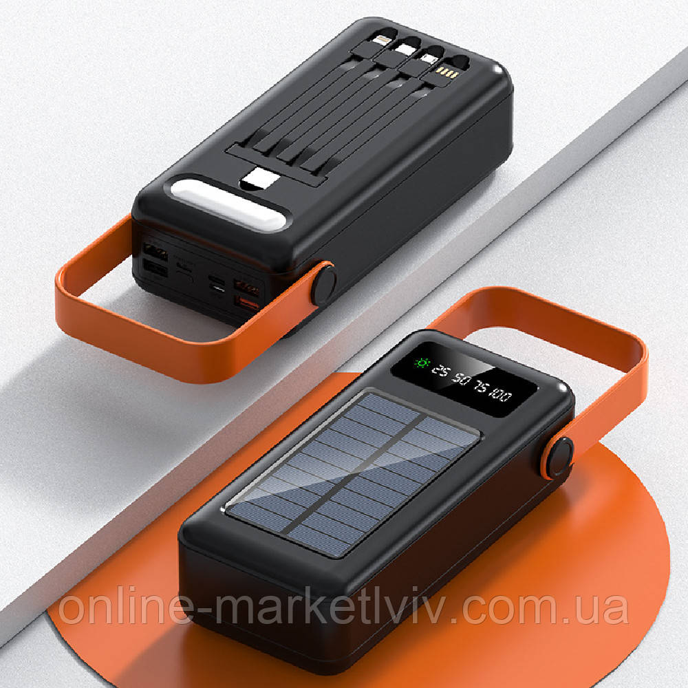 Powerbank 30000mAh, з сонячною панеллю та ліхтариком YM635DX / Повербанк з 4 кабелями / Портативний акумулятор