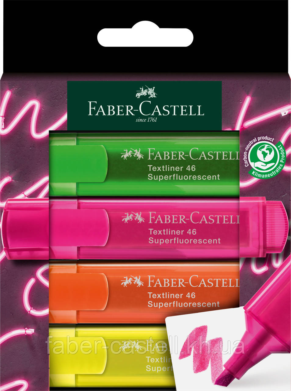 Набір маркерів текстових Faber-Castell Textliner TL 46 Neon, 4 кольори в картонній коробці, 254604