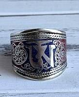 Этническое кольцо под серебро со сканью и эмалью Ом Синий