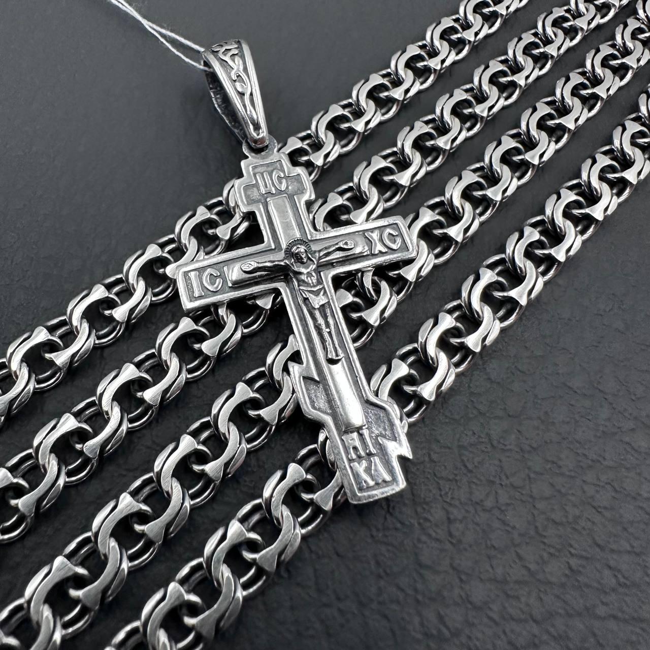 Тонкий чоловічий срібний комплект Бісмарк з чорнінням: ланцюжок 5 мм + хрестик (23 г, 925 проба), фото 1