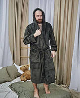 Довгий домашній чоловічий халат на запах, в кольорі Хакі, розмір 46-60