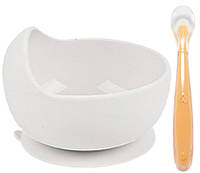 Набор силиконовая круглая тарелка Y23 для первых блюд Серый и ложка Оранжевая (vol-10170)