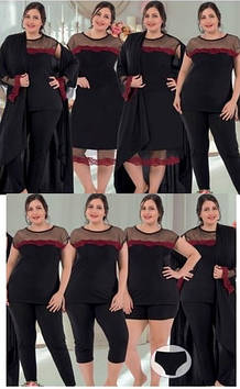 Жіноча піжама з нічною сорочкою і халатом 50-54 Oversize, чорний комплект 7 предметів Jenika 2917 Туреччина