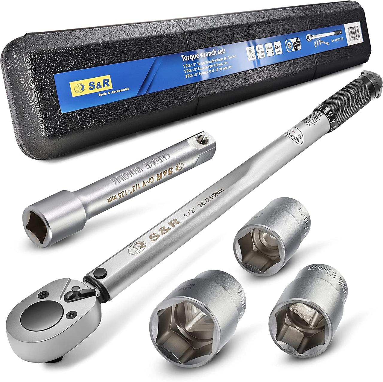 Динамометричний ключ S&R 28-210 Нм з головками 17, 19, 21 мм та подовжувачем 125 мм, 465012210