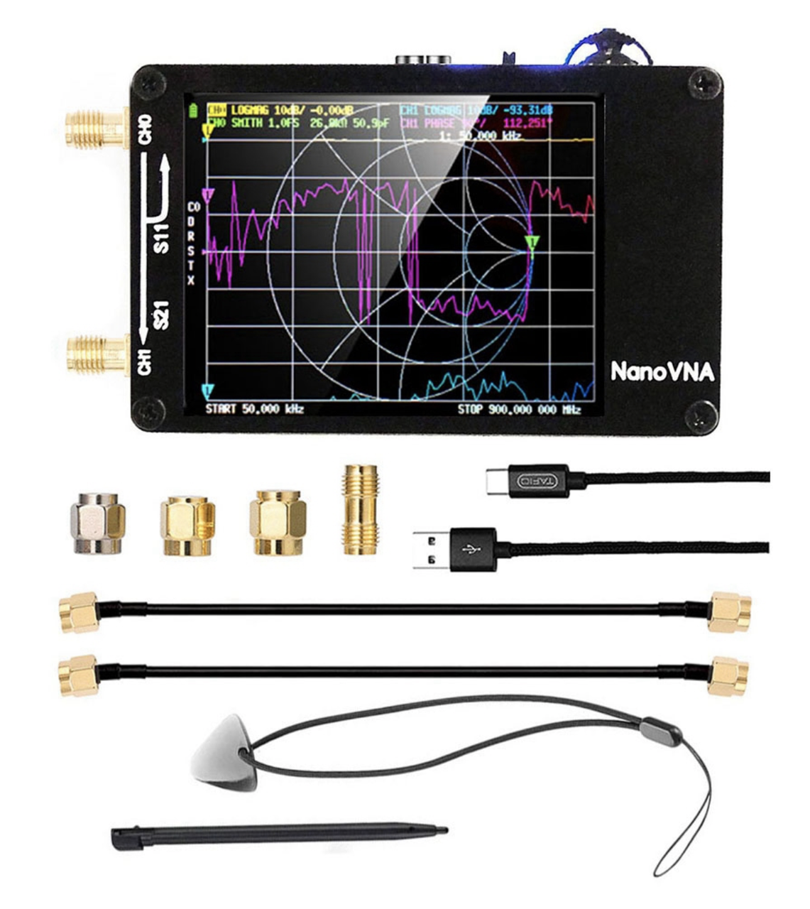 Широкосмуговий приймач NanoVNA-H v3.6, 10 кГц-1,5Гц SDR MF HF VHF UHF, HW, сенсорний екран 2,8"