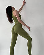 Комплект: лосини з ефектом пуш-ап та топ в рубчик S/M, Оливковий з моделюючим швом ззаду