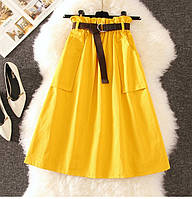 Трендовая женская модная коттоновая юбка миди c с карманами горчица (желтый) р. 46