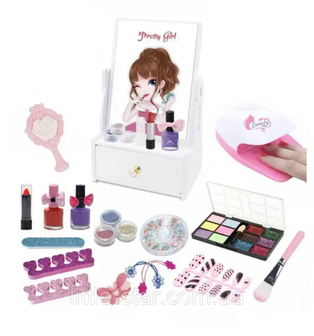 Набір дитячої косметики, дзеркало з шухлядкою, макіяж, манікюр, сушарка для нігтів