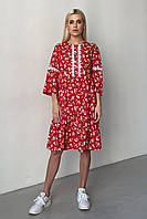 Женское красное свободное платье штапель в цветочный принт