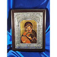 Ексклюзивна Володимирська ікона Божої Матері ручний розспис на холсті, срібло та позолота 23,5 Х 30 см