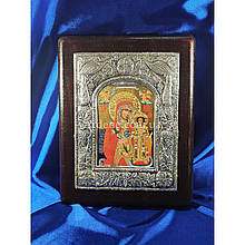 Ексклюзивна ікона Божа Матір Нев'янучий Цвіт ручний розспис на холсті, срібло та позолота 20 Х 25 см