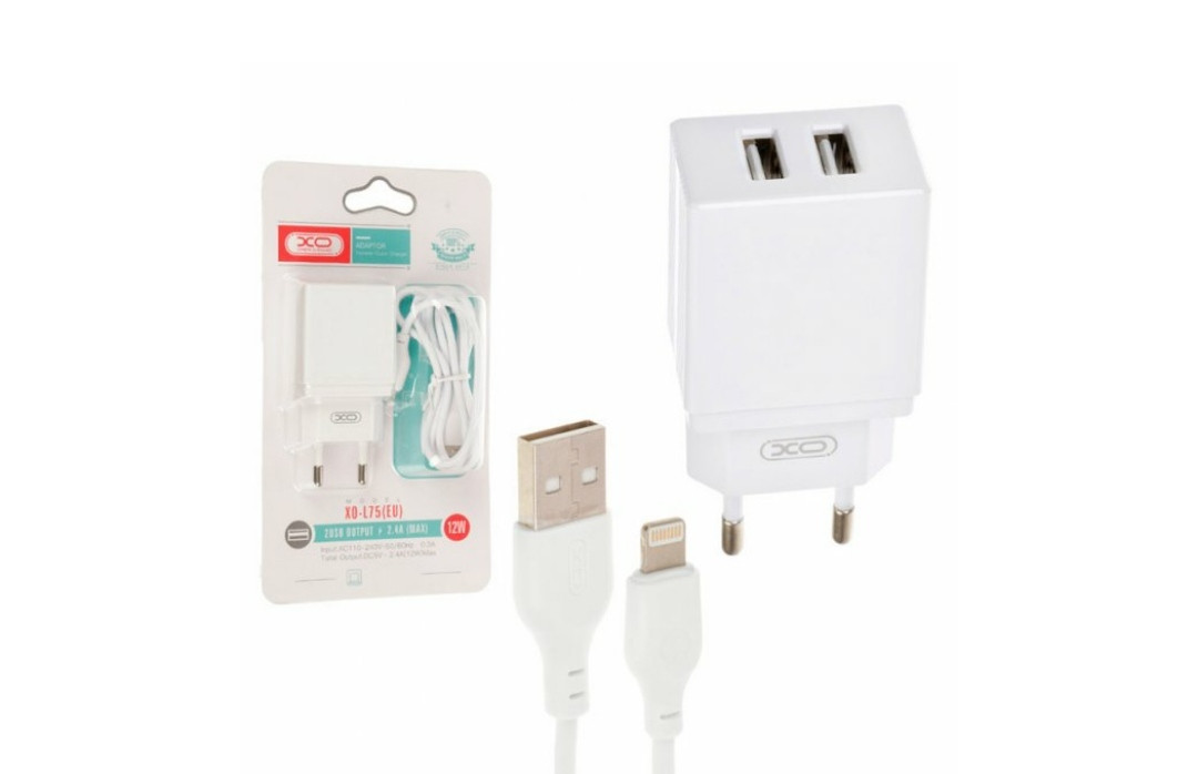 Блок живлення XO-L75 з кабелем lightning для Iphone / 5 вольт 2.4 Ампера / 2 USB / Білий