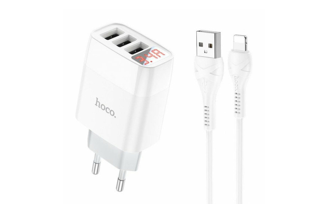 Блок живлення hoco. C93A 3 USB + дисплей + кабель lightning-USB / до 3.4 Ампер / Білий, фото 1