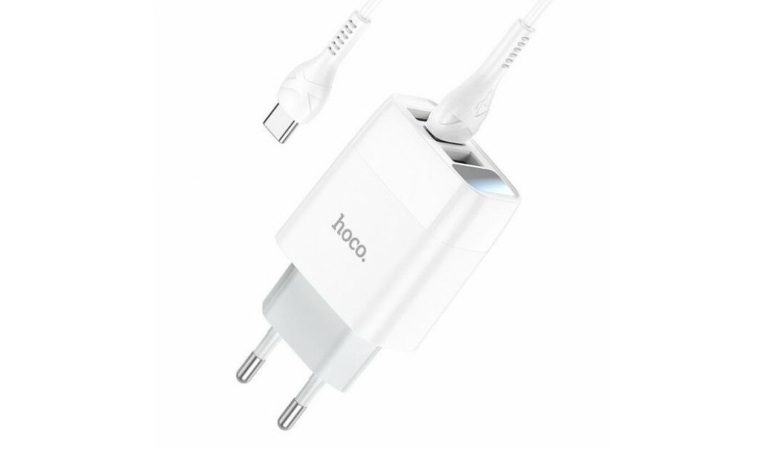 Блок живлення hoco. C93A / 3 USB + дисплей + кабель Type-C-USB / до 3.4 Ампер / Білий