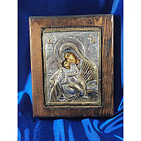 Ексклюзивна ікона на старовинній дошці Божа Матір Глікофілуса ручний розпис у сріблі та позолота 14,2 Х 18 см