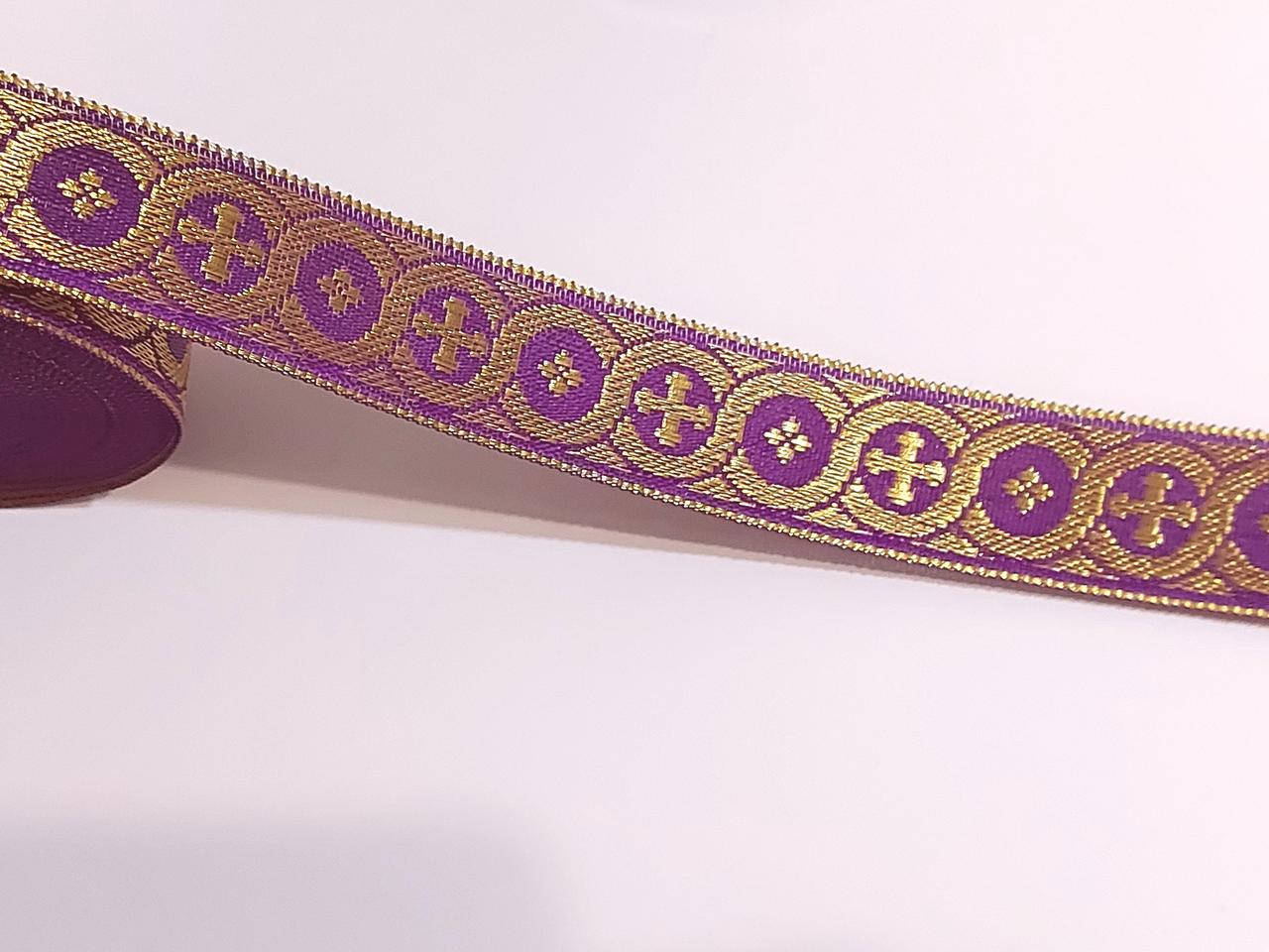 Тасьма церковна Тасьма галун церковна, фіолетова з люрексом золото 26 мм "Дрібні хрестики"