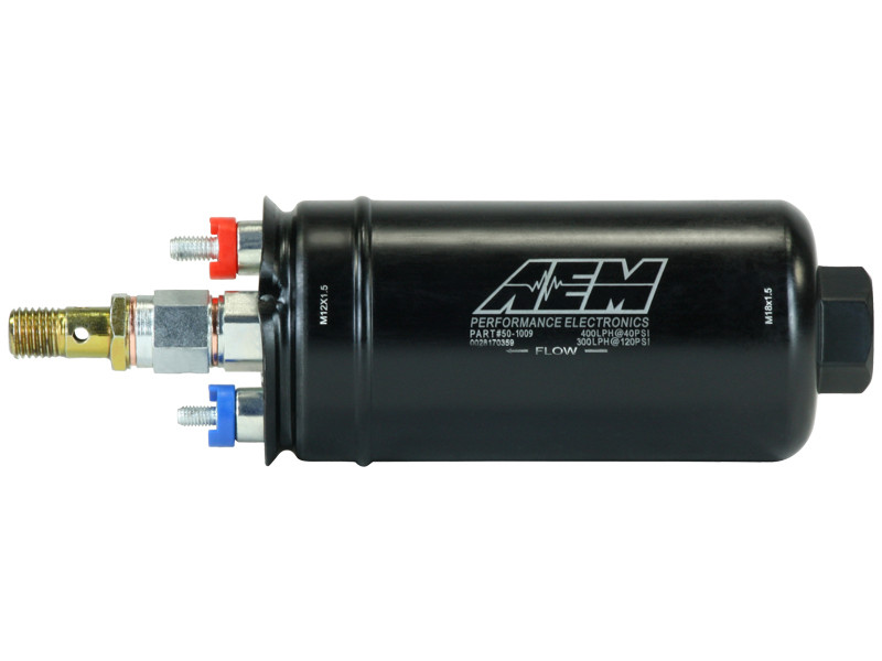 Паливний насос виносний AEM 400LPH Inline High Flow Fuel Pump M18x1.5 Inlet & M12x1.5