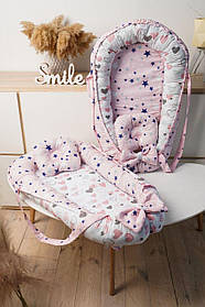 Кокон - гніздечко для новонароджених зі знімним дном, ручками та подушечкою 90 см * 65 см Зірочка BST Рожевий