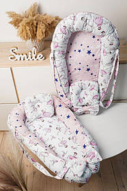 Кокон - гніздечко для новонароджених зі знімним дном, ручками та подушечкою 90 см * 65 см Зірочка BST Білий+Рожевий