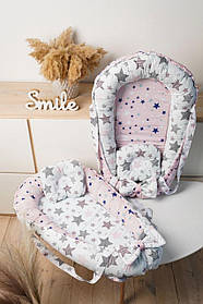 Кокон - гніздечко для новонароджених зі знімним дном, ручками та подушечкою 90 см * 65 см Зірочка BST Білий+Персиковий