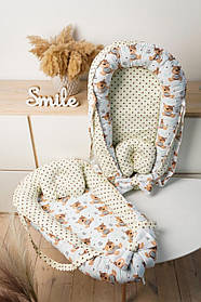 Кокон - гніздечко для новонароджених зі знімним дном, ручками та подушечкою 90 см * 65 см Зірочка BST Білий+Бежевий