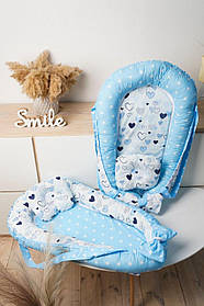 Кокон - гніздечко для новонароджених зі знімним дном, ручками та подушечкою 90 см * 65 см Зірочка BST Блакитний+Білий