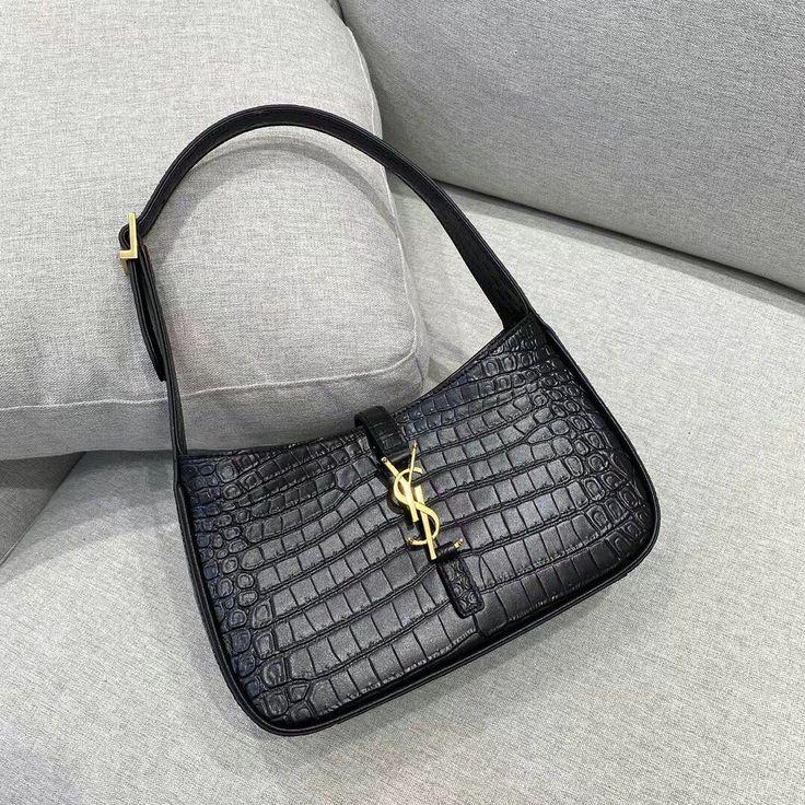 Чорна жіноча шкіряна сумка Yves Saint Laurent YSL LE 5 Ω 7 Ів Сен Лоран у шкірі крокодила на плечі плечова