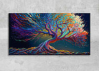 Картина дерево большое волшебное Сказочная абстракция на холсте Цветные панорамные картины 70x35