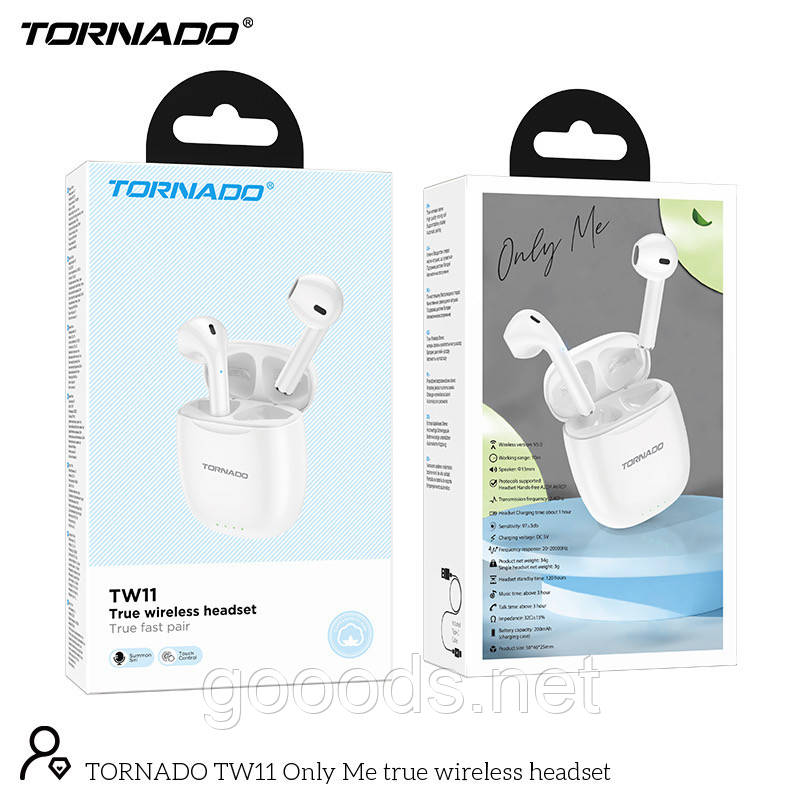 Навушники вкладиші TWS TORNADO TW11 WHITE, фото 1