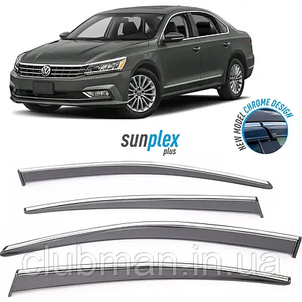 Дефлектор на вікна (вітровики) с ХРОМ молдингом VW (Фольсваген) Passat 8 (B8 седан) 2014-2022 Sunplex (компл. 4 шт.), фото 1