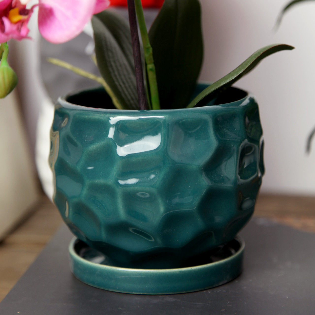 Горщик вазонок для квітів 0,75 л, h-10 см, d-12 см маленький круглий "Куля параметрична" смарагдовий, фото 1