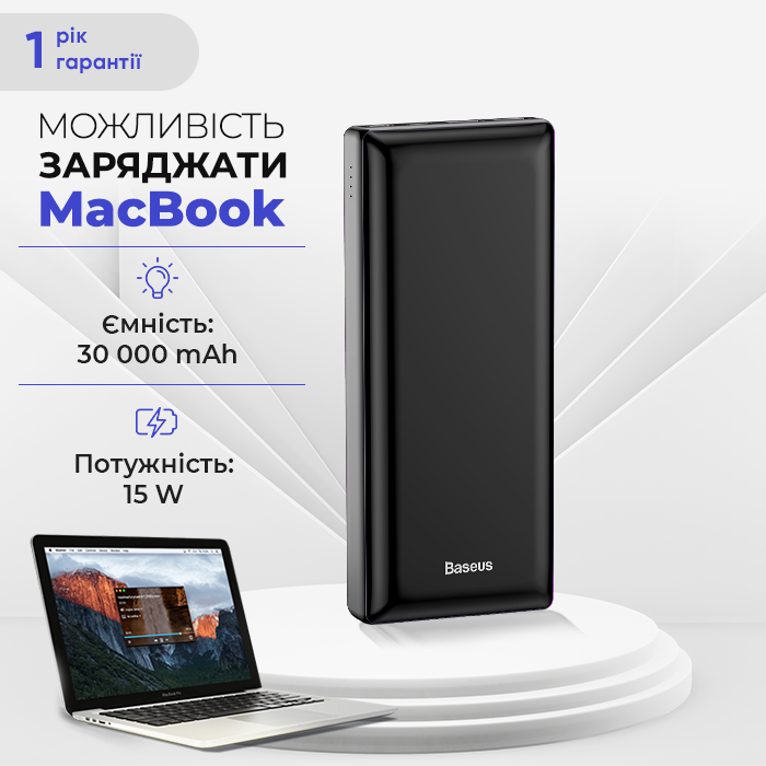 Повербанк Baseus 30000mAh для ноутбука планшета 3 порта USB Павербанк Базеус зі швидкою зарядкою Power Delivery