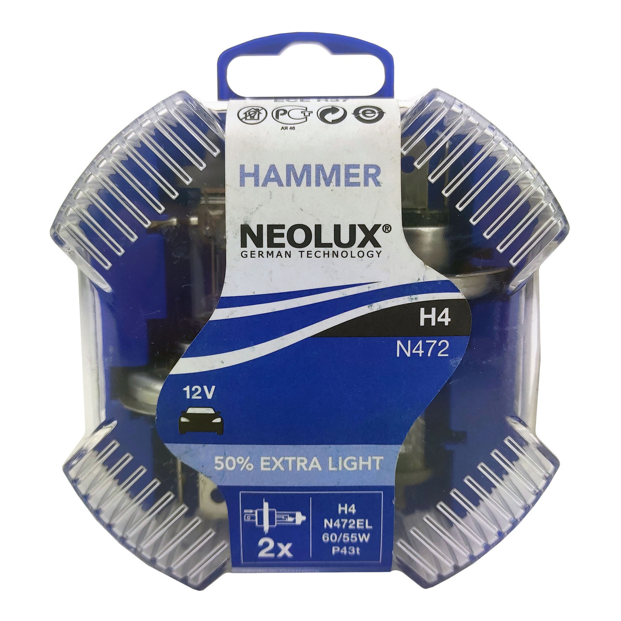 Лампа автомобільна галогенна NEOLUX HAMMER H4 Extra Light +50% N472EL 2 шт (756800)