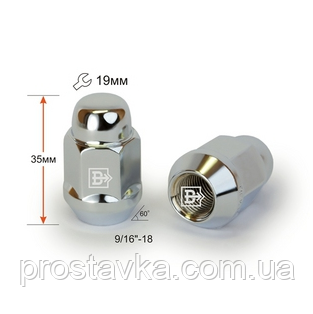 Гайка колісна 401443 Cr 9/16"-18 UNF Хром висота 35 мм Конус із виступом., закр., ключ 19 мм, фото 1