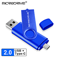 USB Флешка 2в1 64ГБ Type-C/USB для телефона, компьютера OTG Microdrive 64GB Синий