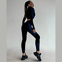 Женский костюм для спорта и фитнеса тройка, комплект для фитнеса лосины+топ+рашгард черный с синим