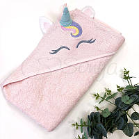 Розовое махровое полотенце уголок Единорог
