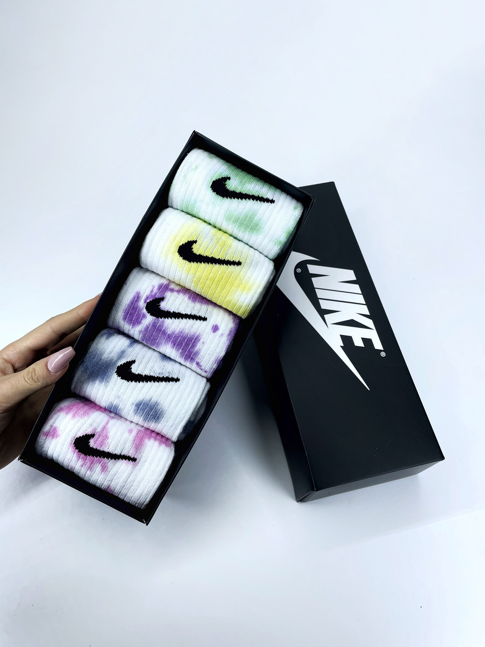 Набір у коробці 5 пар високі жіночі шкарпетки Nike/найк — Tie-Dye кольорові Подарунковий тай дай
