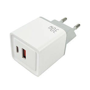 Зарядний пристрій (зарядка) для телефону Mibrand MI-30 GaN Type-C + USB 30 W Білий (MIWC/30UCW), фото 1