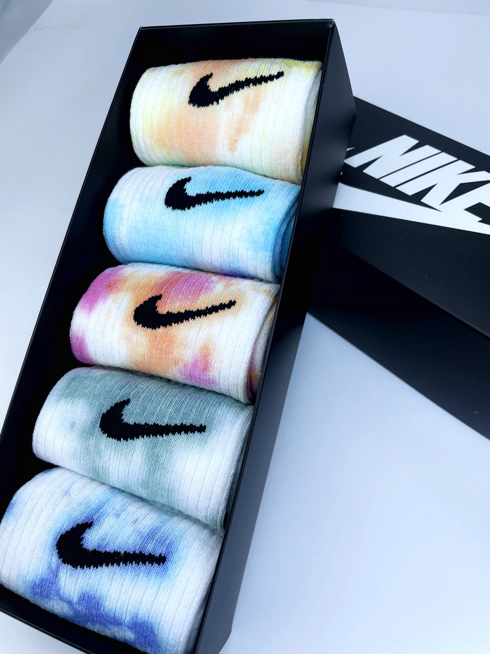 Набір у коробці 5 пар високі чоловічі шкарпетки Nike/найк — Tie-Dye кольорові Подарунковий тай дай