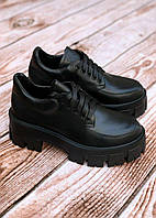 Женские туфли Prada (чёрные) красивая удобная качественная обувь на невысокой платформе 6808 cross