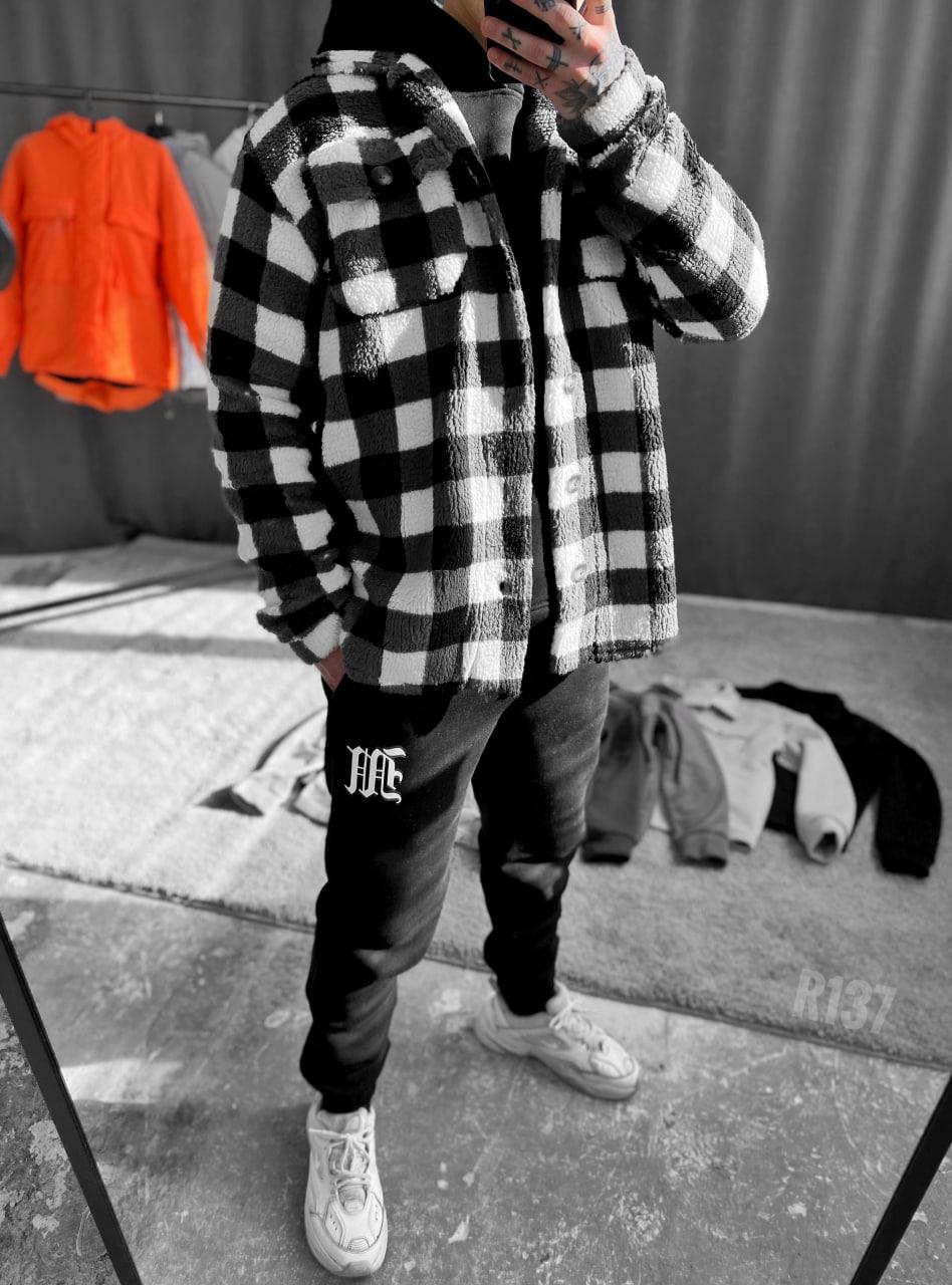 Чоловіча сорочка в карту байкова оверсайз (чорна з білим) r137 касова стильна модна та тепла преміумкота топ, фото 1