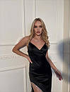 Вечірня чорна приталена сукня міді з розрізом з бахромою, фото 5