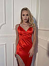 Вечірня червона приталена сукня міді з розрізом з бахромою, фото 3