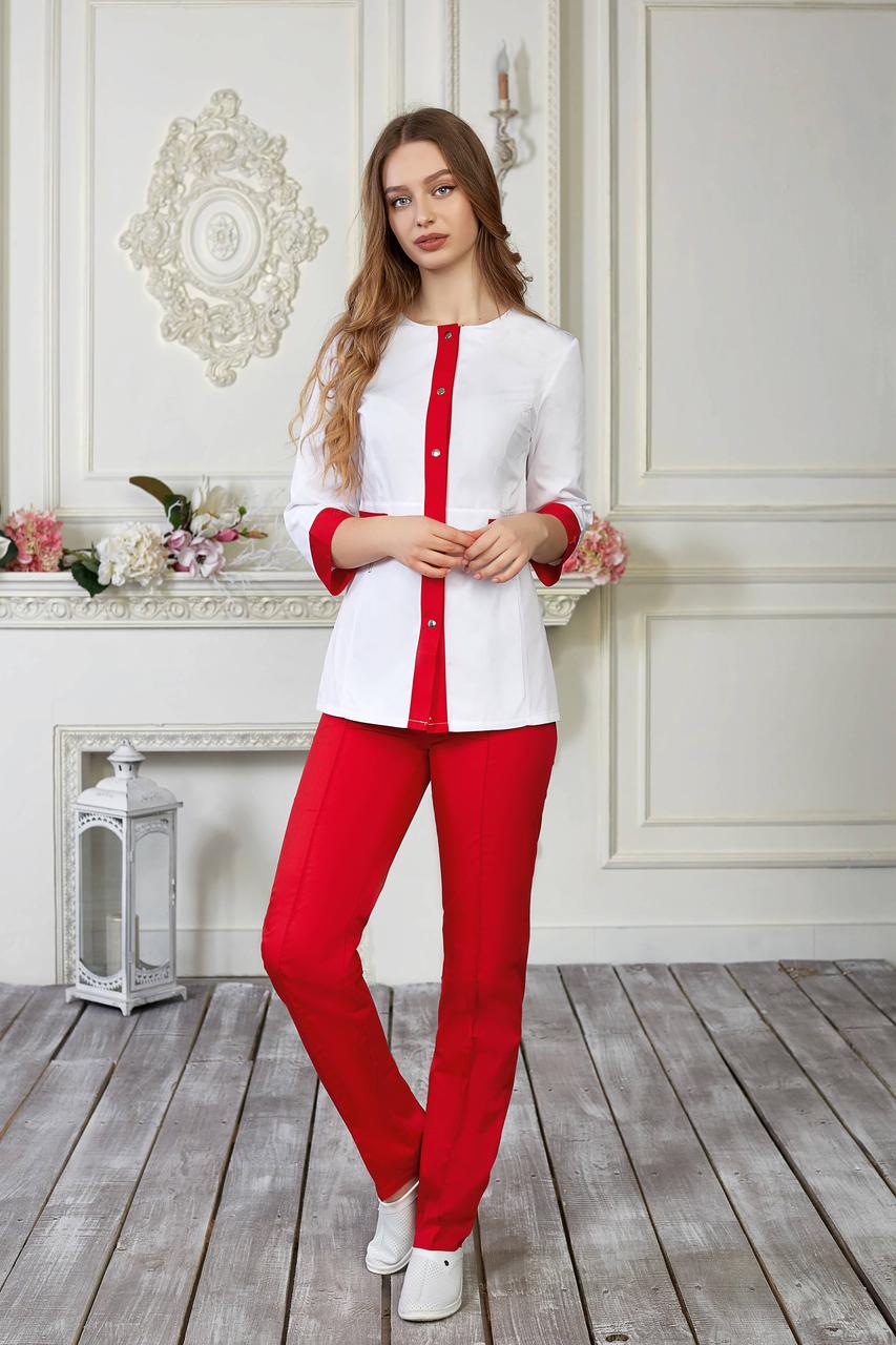 Жіночий медичний костюм Валерія білий з червоним - Костюм косметолога