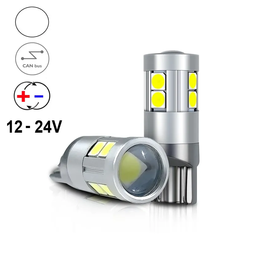 Автолампа світлодіодна T10/W5W, цоколь W2.1x9.5d, 3030 х 9 smd, білий, 12-24 В, обманка, біполярна