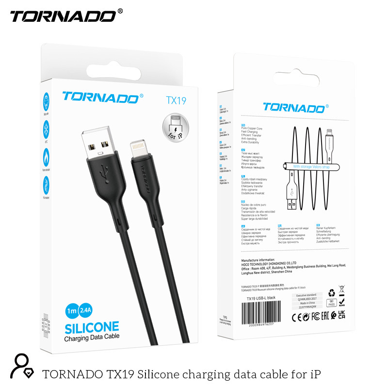 USB-L TORNADO TX19 Silicone (2.4A/1m) Lighting black,  iphone